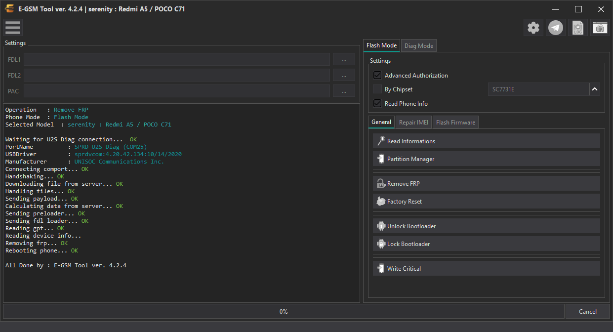 Xiaomi serenity : Redmi A5 / POCO C71 — Remove FRP - U2S Diag Mode — E-GSM Tool screenshot