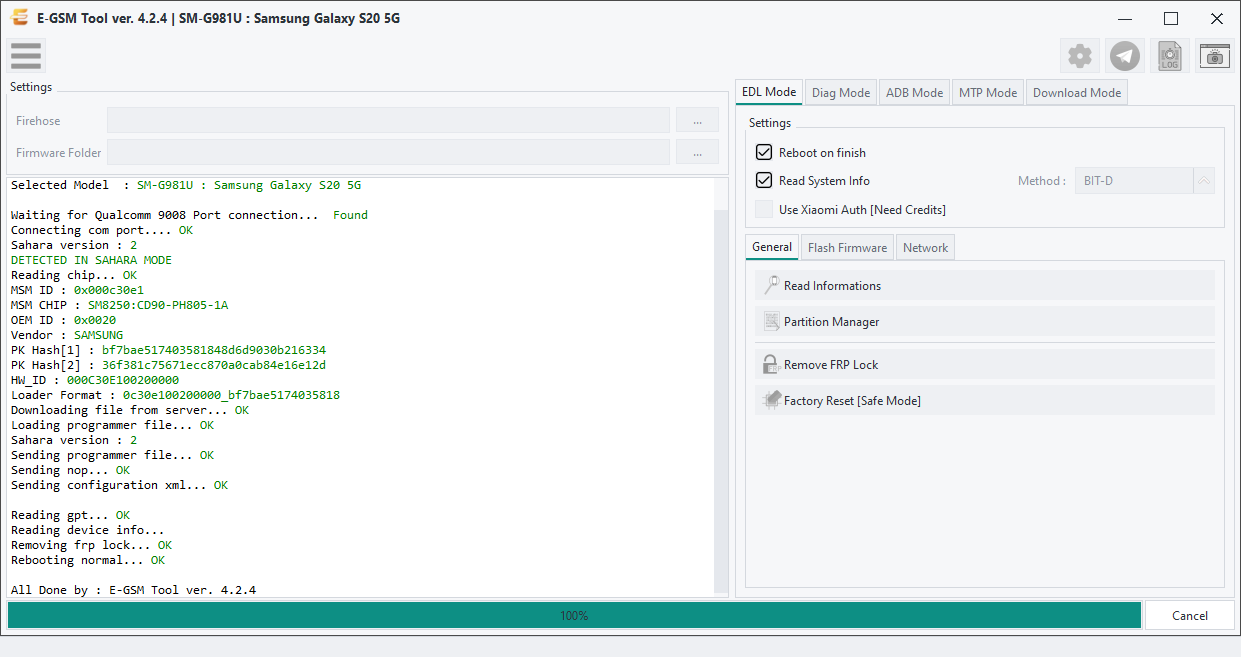 Samsung SM-G981U : Samsung Galaxy S20 5G — Remove FRP - Qualcomm — E-GSM Tool screenshot