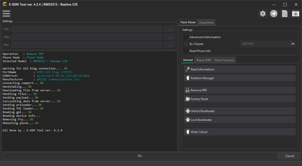 Realme RMX3513 : Realme C35 — Remove FRP - U2S Diag Mode — E-GSM Tool screenshot