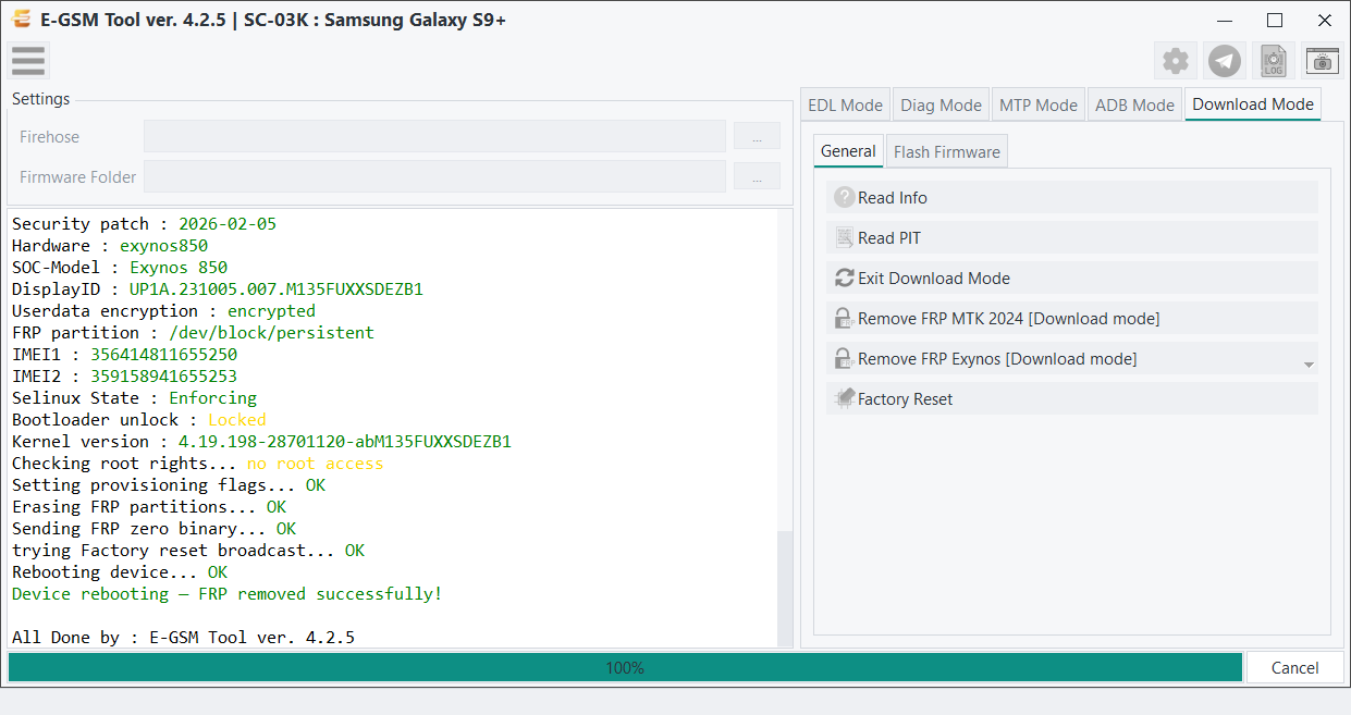 Samsung SC-03K : Samsung Galaxy S9+ — Remove FRP Exynos - Odin — E-GSM Tool screenshot