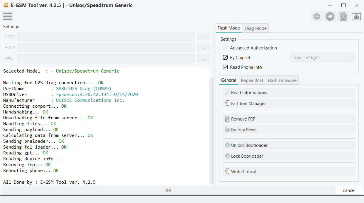 Unisoc/Speadtrum Generic - Unisoc/Speadtrum Generic — Remove FRP - U2S Diag Mode — E-GSM Tool screenshot