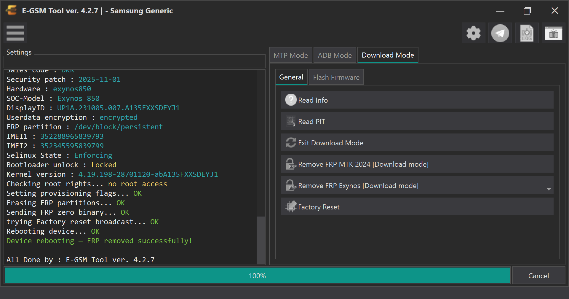 Samsung - Samsung Generic — Remove FRP Exynos - Odin — E-GSM Tool desktop software screenshot
