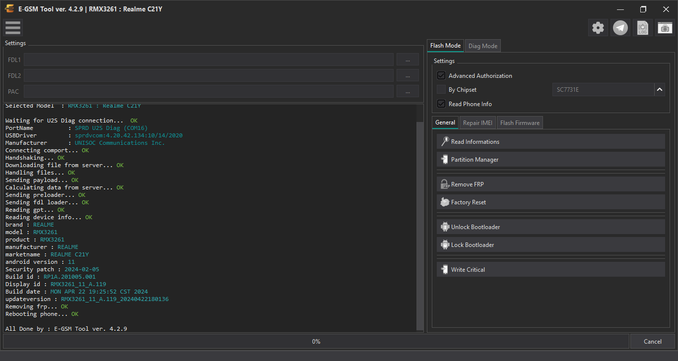 Realme RMX3261 : Realme C21Y — Remove FRP - U2S Diag Mode — E-GSM Tool desktop software screenshot