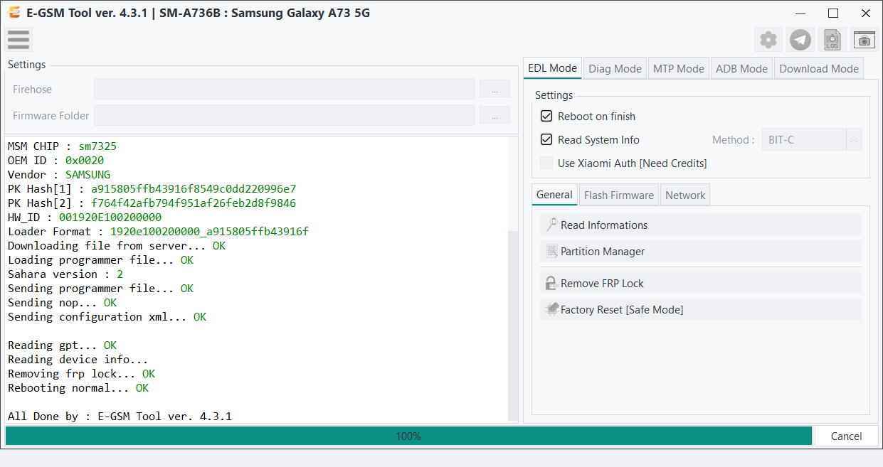 Samsung SM-A736B : Samsung Galaxy A73 5G — Remove FRP - Qualcomm — E-GSM Tool desktop software screenshot