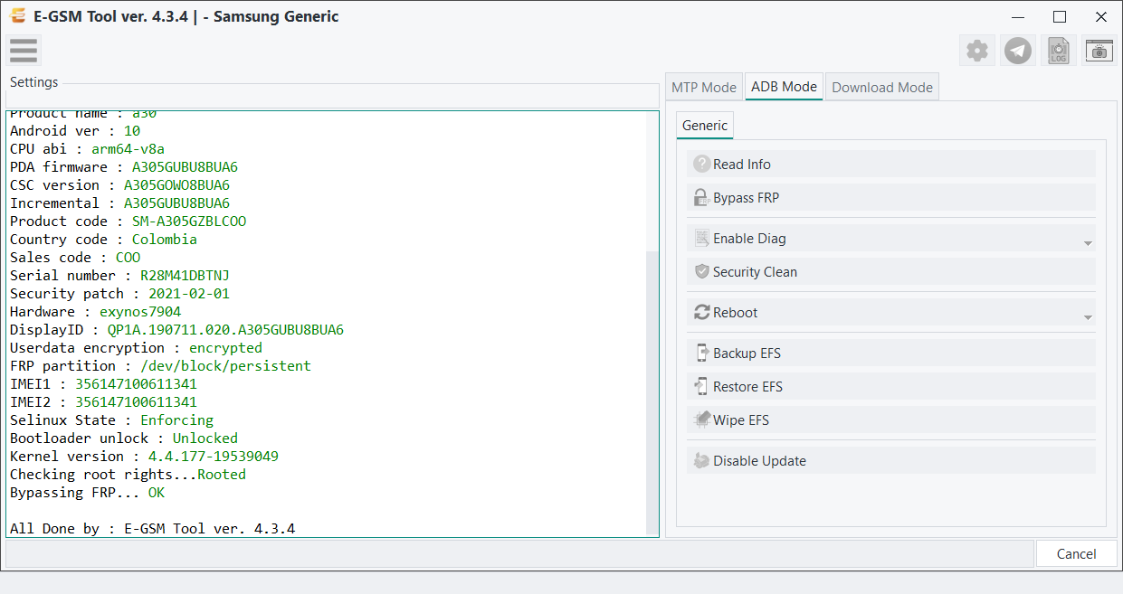 Samsung - Samsung Generic — Remove FRP - ADB — E-GSM Tool desktop software screenshot
