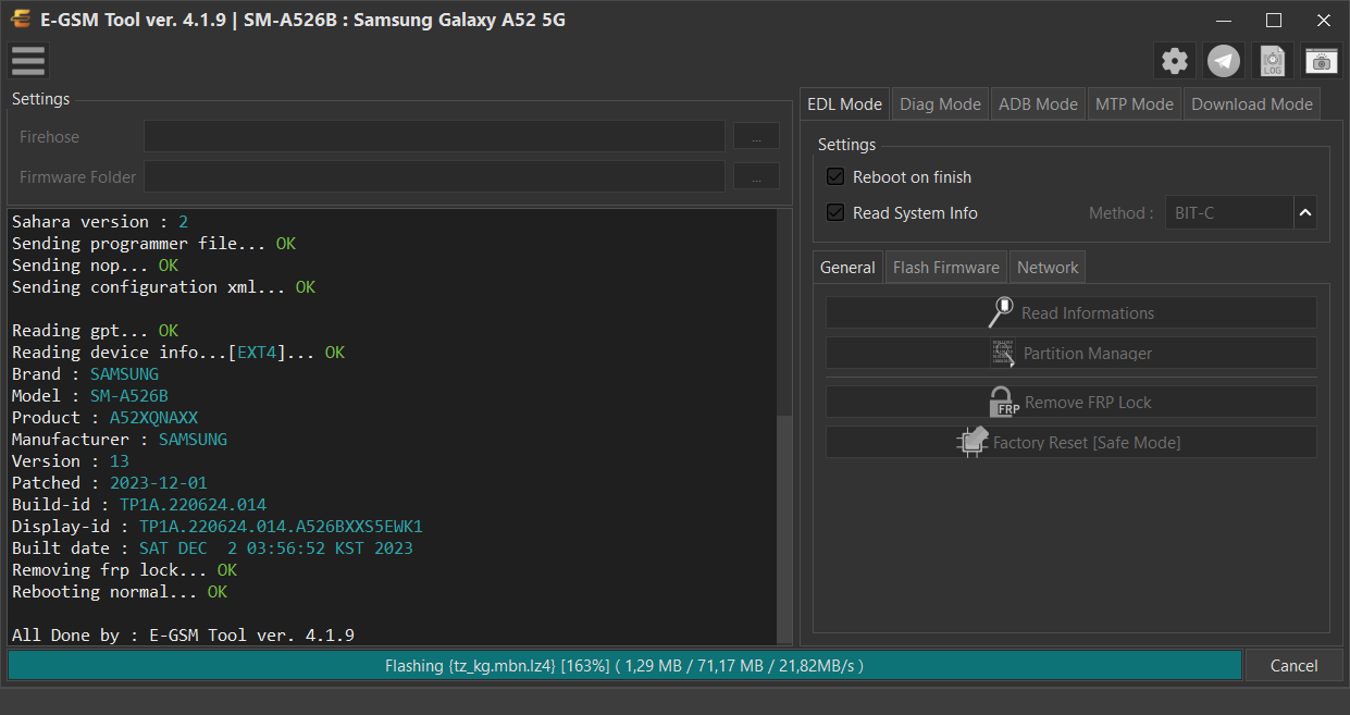 Samsung SM-A526B : Samsung Galaxy A52 5G — Remove FRP - Qualcomm — E-GSM Tool screenshot
