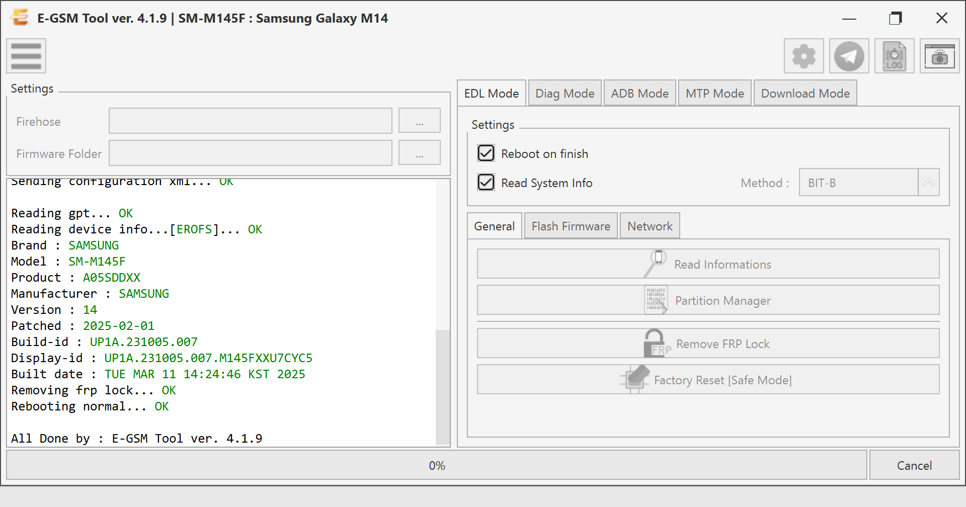 Samsung SM-M145F : Samsung Galaxy M14 — Remove FRP - Qualcomm — E-GSM Tool screenshot