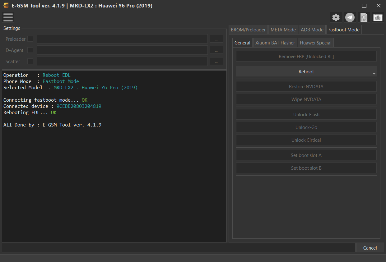 Huawei MRD-LX2 : Huawei Y6 Pro (2019) — Reboot EDL - Fastboot — E-GSM Tool screenshot