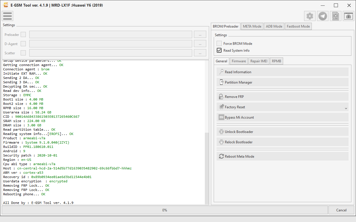 Huawei MRD-LX1F :Huawei Y6 (2019) — Remove FRP - MTK — E-GSM Tool screenshot