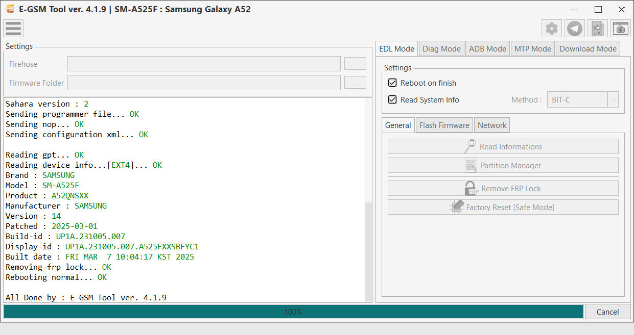 Samsung SM-A525F : Samsung Galaxy A52 — Remove FRP - Qualcomm — E-GSM Tool screenshot
