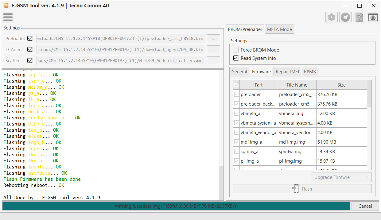 Tecno Tecno Camon 40 — Flash Firmware - MTK — E-GSM Tool screenshot