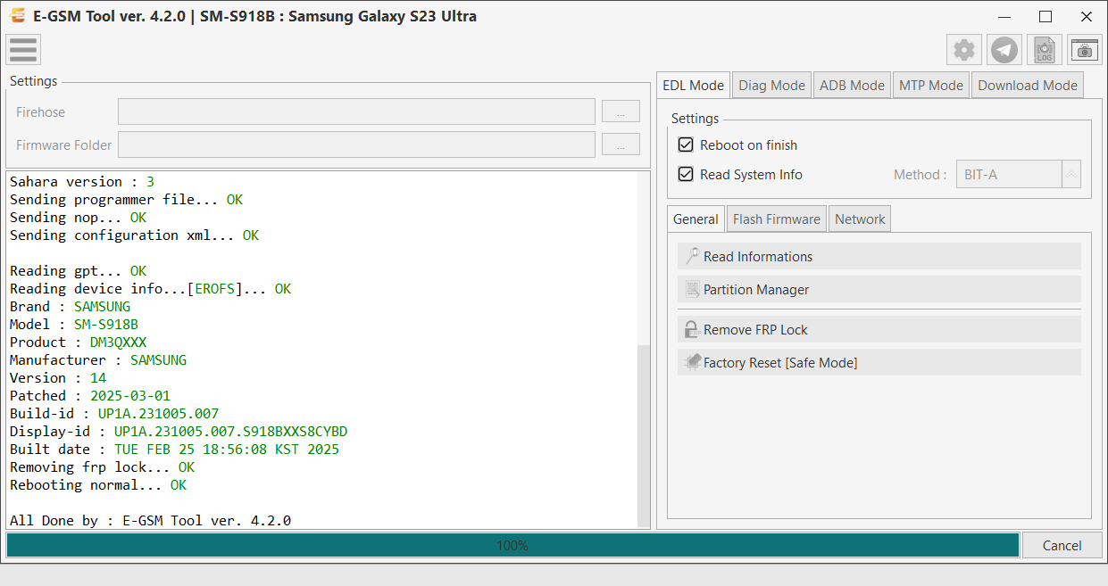 Samsung SM-S918B : Samsung Galaxy S23 Ultra — Remove FRP - Qualcomm — E-GSM Tool screenshot