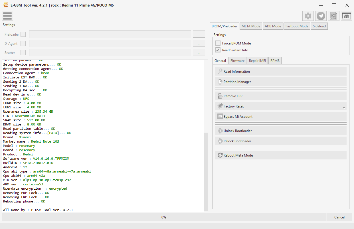 Xiaomi rock : Redmi 11 Prime 4G/POCO M5 — Remove FRP - MTK — E-GSM Tool screenshot