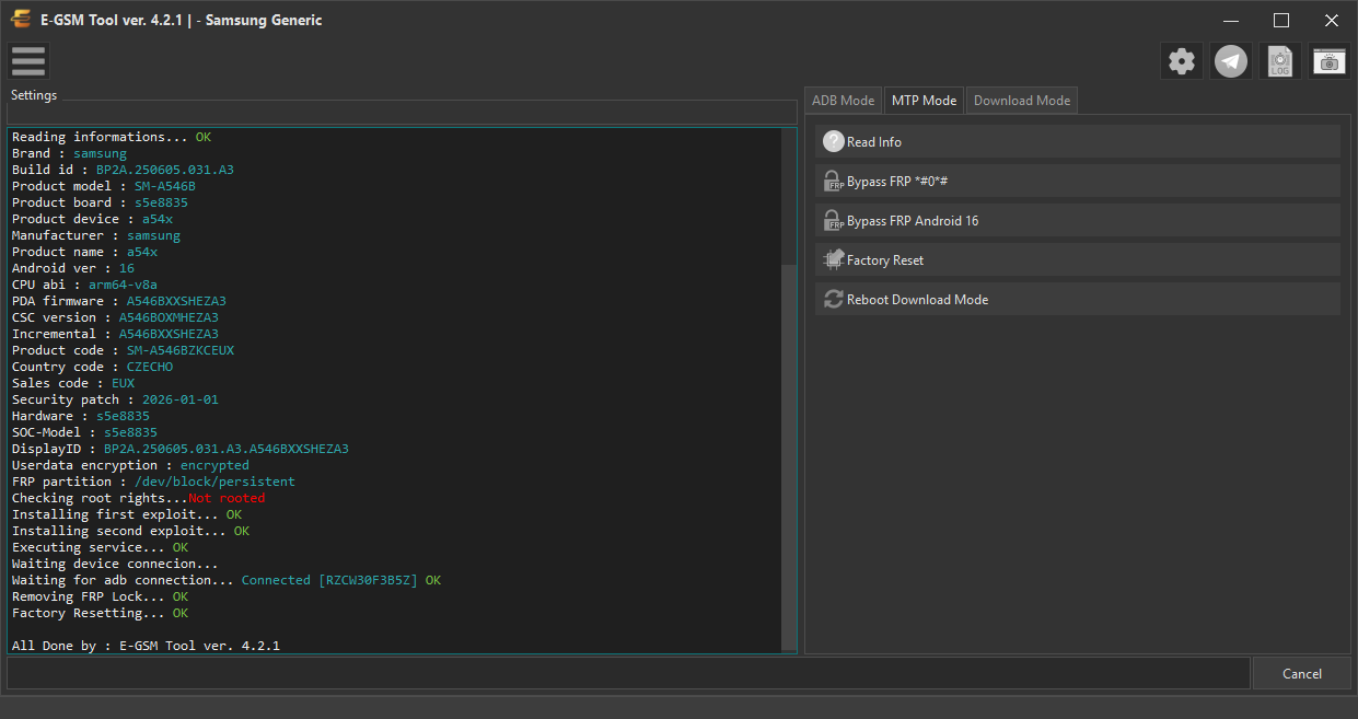 Samsung - Samsung Generic — Remove FRP Android 16 - MTP — E-GSM Tool screenshot