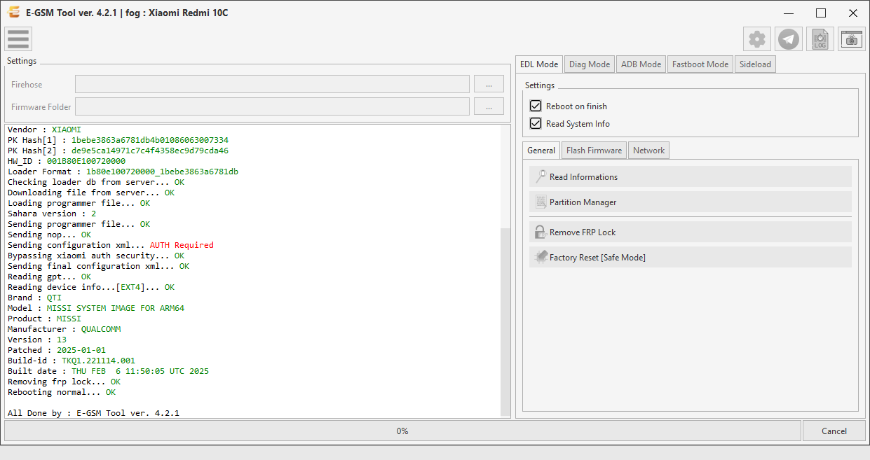 Xiaomi fog : Xiaomi Redmi 10C — Remove FRP - Qualcomm — E-GSM Tool screenshot