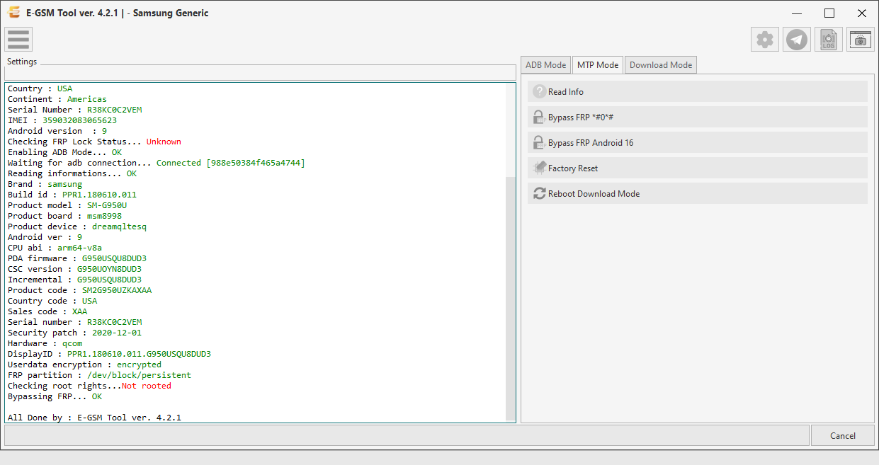 Samsung - Samsung Generic — Remove FRP - MTP — E-GSM Tool screenshot